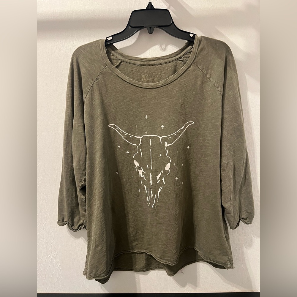 Olive Green Women's Top with Bull Skull Design